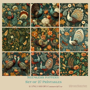 Peut inclure: Un ensemble de 27 motifs sans couture imprimables présentant une variété de motifs d'automne. Les motifs comprennent des paons, des dindes, des coqs et d'autres oiseaux, ainsi que des feuilles, des fleurs et des citrouilles. Les motifs sont tous dans une palette de couleurs vert foncé, orange et marron.