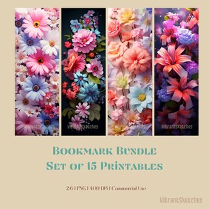 Peut inclure: Un ensemble de 15 marque-pages imprimables présentant des arrangements de fleurs en papier colorées. Les marque-pages mesurent 2:6 et ont une résolution de 1400 DPI. Ils sont destinés à un usage commercial.