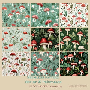 Peut inclure: Un ensemble de 27 motifs sans couture imprimables représentant des champignons rouges et blancs avec des feuilles vertes et des fleurs blanches sur une variété de fonds. Le texte "Seamless Pattern Set of 27 Printables 1 PNG 1400 DPI | Commercial Use VibrantSketches" est en bas de l'image.