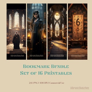 Bundle of 16 Wizard School Printable Bookmarks, Printable Bookmarks Digital Downloads,Dark Academia Style Prints,Fantasy book lover Gift