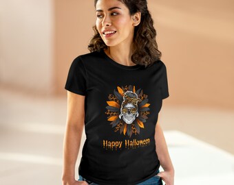 May include: A black short-sleeved t-shirt featuring a graphic of a skull wearing sunglasses and a leopard print headband, centered within a sunflower design with orange and black petals. The text Happy Halloween appears below in orange.