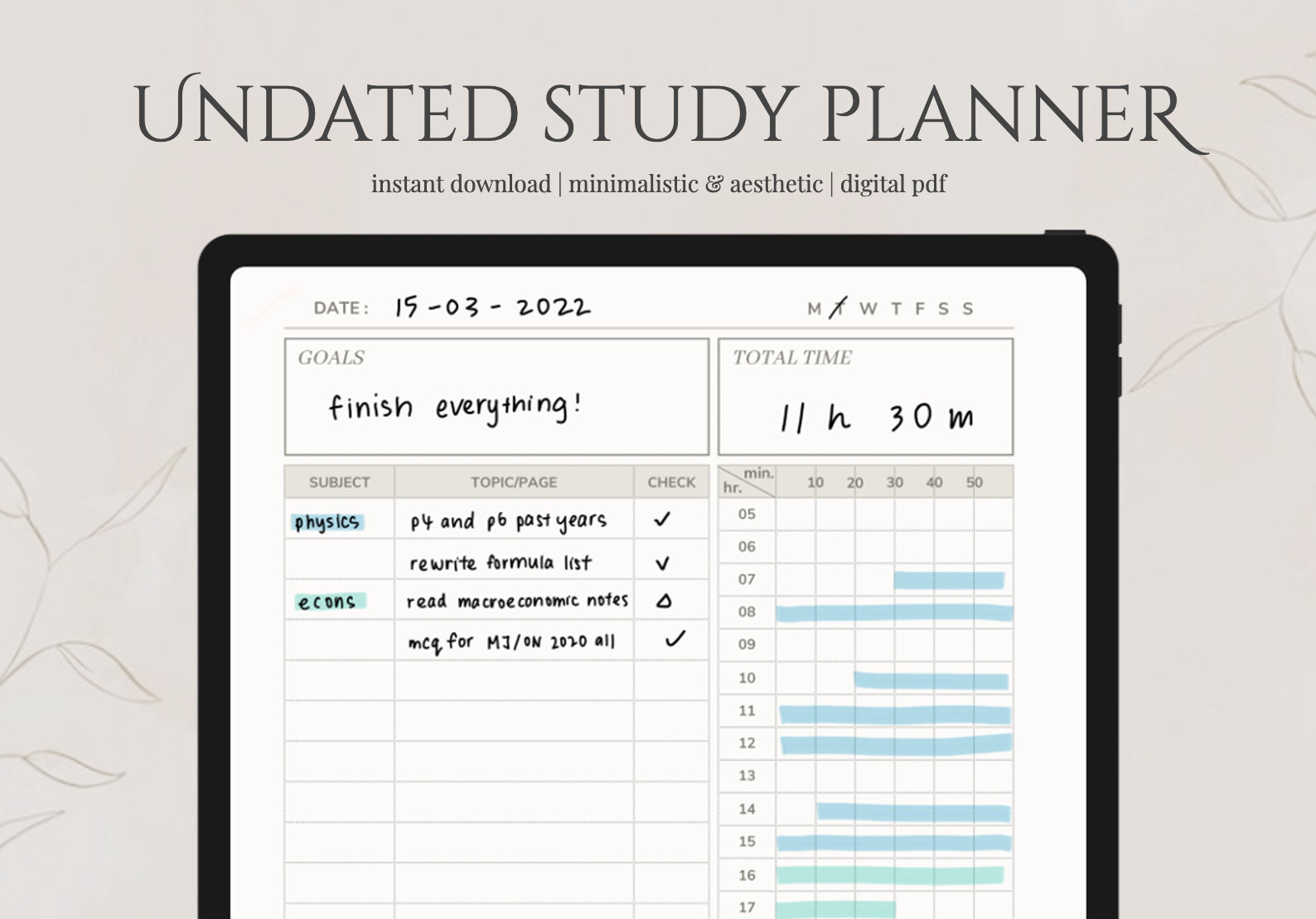 Undated Korean Study Planner | Daily Study Tracker | College