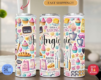 Baker Tumbler, Queen of Baking Skinny Tumbler with Name, Baking Queen Tumbler Personalized Tumbler, Gift for Baker, I Love Baking Bday Gift