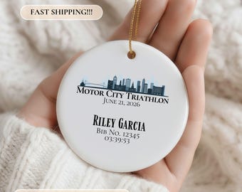 Motor City Triathlon Runner Ornament, Personalized Marathon Finisher Ornament, Triathlon Gift, Marathon Runner Gift, Half Marathon Runner