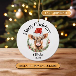Cow Christmas Ornament, Personalized Cow Ornament, Farm Animal Ornament, Santa Heifer Cow Ornament, Gift for Cow Lover, Farmhouse Ornament