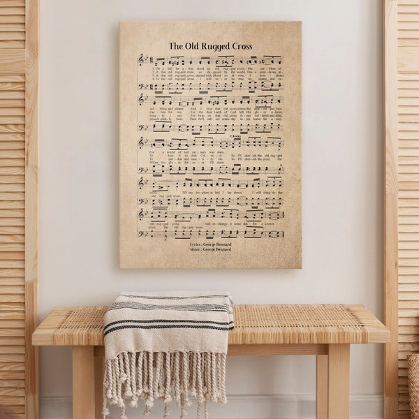 The Old Rugged Cross Vintage Canvas Hymn Framed Wall Art, Church Hymn Religious Canvas Poster, Bible Sheet Music Home Office Wall Decor Gift