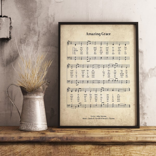 Amazing Grace Vintage Wall Art Print, Church Hymn Religious Poster, Bible Sheet Music Wall Decor, Home Office Gift Decor