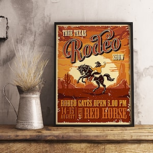 Texas Rodeo Show Vintage Wall Art Print,  Western Home Decor, Cowboy Wall Art, Boho Wall Art, Illustration Print, College Room Wall Print
