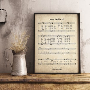 Jesus Paid It All Vintage Wall Art Print, Church Hymn Religious Poster, Bible Sheet Music Wall Decor, Home Office Gift Decor
