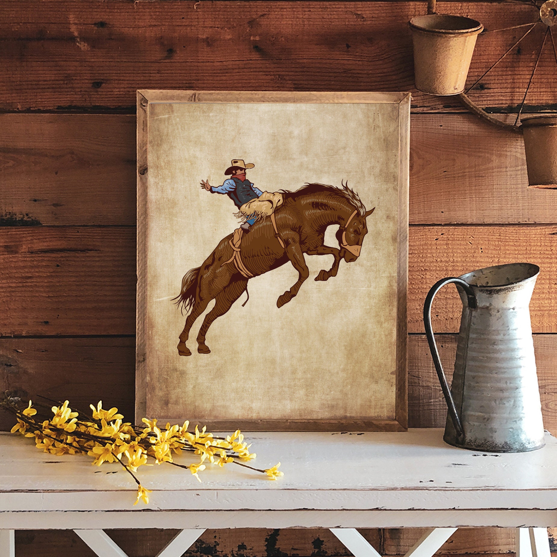 Bucking Bronco Vintage Wall Art Print, Western Home Decor, Cowboy Wall ...