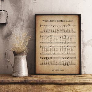 Wat een vriend hebben we in Jezus Vintage Wall Art Print, Kerk Hymne Religieuze Poster, Bijbel Bladmuziek Muur Decor, Home Office Gift Decor