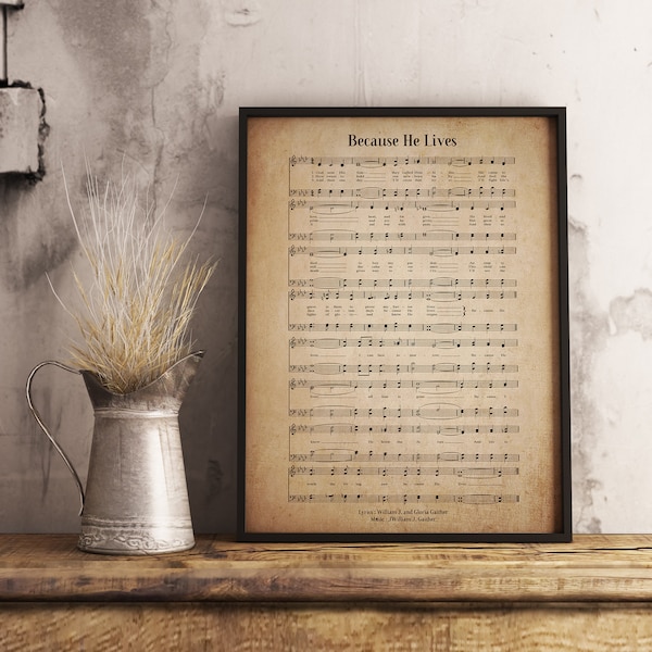 Because He Lives Vintage Wall Art Print, Church Hymn Religious Poster, Bible Sheet Music Wall Decor, Home Office Gift Decor