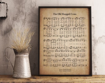 The Old Rugged Cross Vintage Wall Art Print, Church Hymn Religious Poster, Bible Sheet Music Wall Decor, Home Office Gift Decor