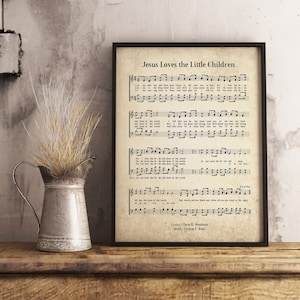 Jesús ama a los niños pequeños Impresión de arte de pared vintage, cartel religioso del himno de la iglesia, decoración de la pared de partituras de la Biblia, decoración de regalo del ministerio del interior