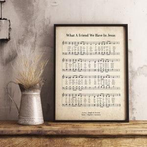 Wat een vriend hebben we in Jezus Vintage Wall Art Print, Kerk Hymne Religieuze Poster, Bijbel Bladmuziek Muur Decor, Home Office Gift Decor
