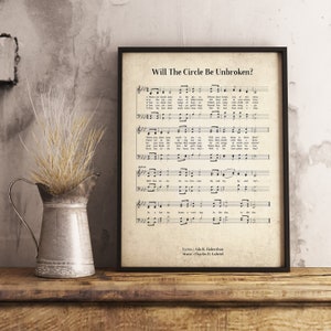 Könnte beinhalten: Ein druckbares Notenblatt im Vintage-Stil für die Hymne "Will The Circle Be Unbroken?" mit Text von Ada R. Habershon und Musik von Charles H. Gabriel. Das Notenblatt ist auf cremefarbenem Hintergrund mit schwarzem Text und musikalischen Noten gedruckt.