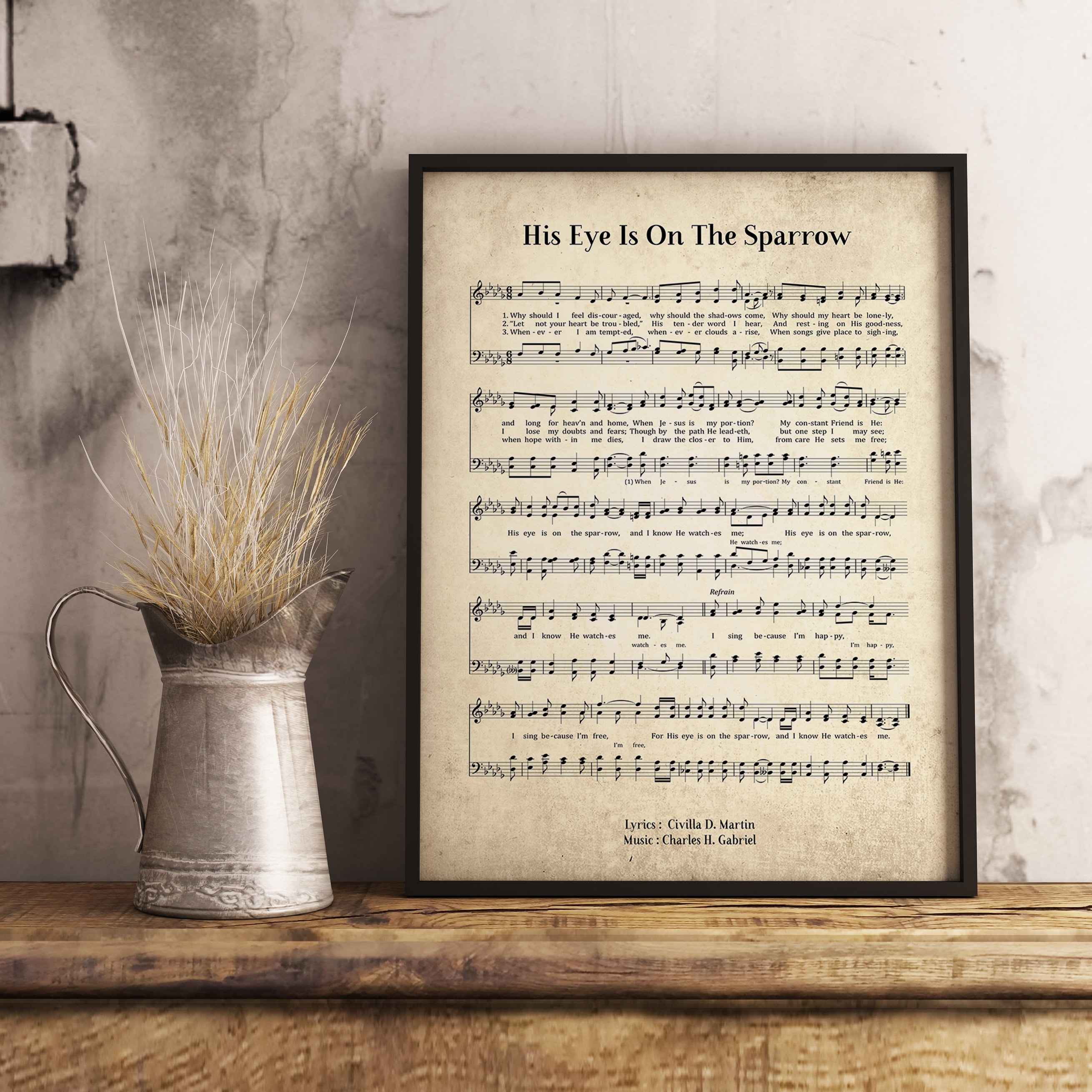 His Eye Is On The Sparrow Vintage Wall Art Print, Church Hymn Religious Poster, Bible Sheet Music Wall Decor, Home Office Gift Decor