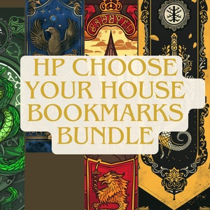 May include: Set of four Harry Potter house bookmarks featuring the house crests and mascots. The bookmarks are printed on cardstock and have a distressed, vintage look. The houses are Gryffindor, Hufflepuff, Slytherin, and Ravenclaw.