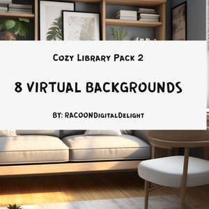 May include: Cozy library virtual background pack with 8 backgrounds. The image shows a living room with a couch, a chair, a desk, a bookshelf, and a window. The room is decorated with plants and a rug.