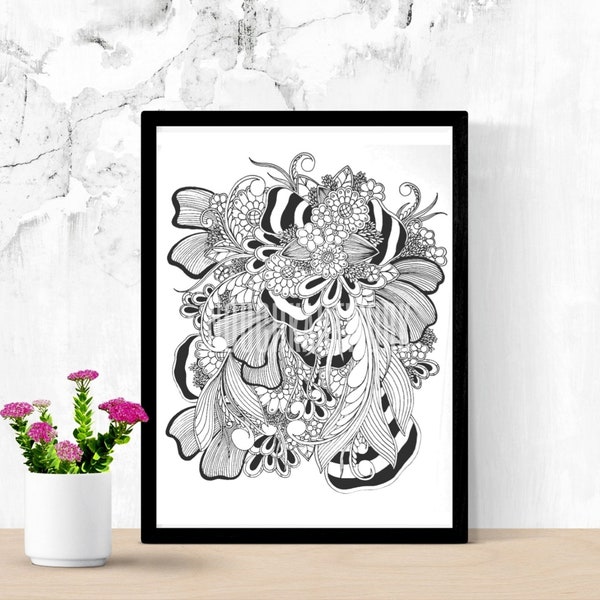 Zentangle floral - dessin original - 21x28cm