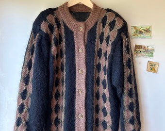 VINTAGE mohair black and taupe cardigan 1980s | sparkly festive brown and gold coatigan | 80s long mohair | knitted with pattern