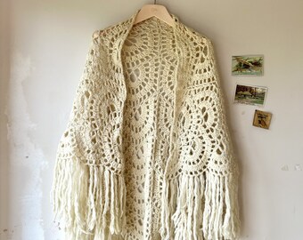 VINTAGE wool western cream hand knitted crochet shawl 1970s |  boho wool tassel cape | 70s long tassels |