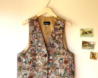 VINTAGE faces waistcoat 1990s | woven cotton 90s vest