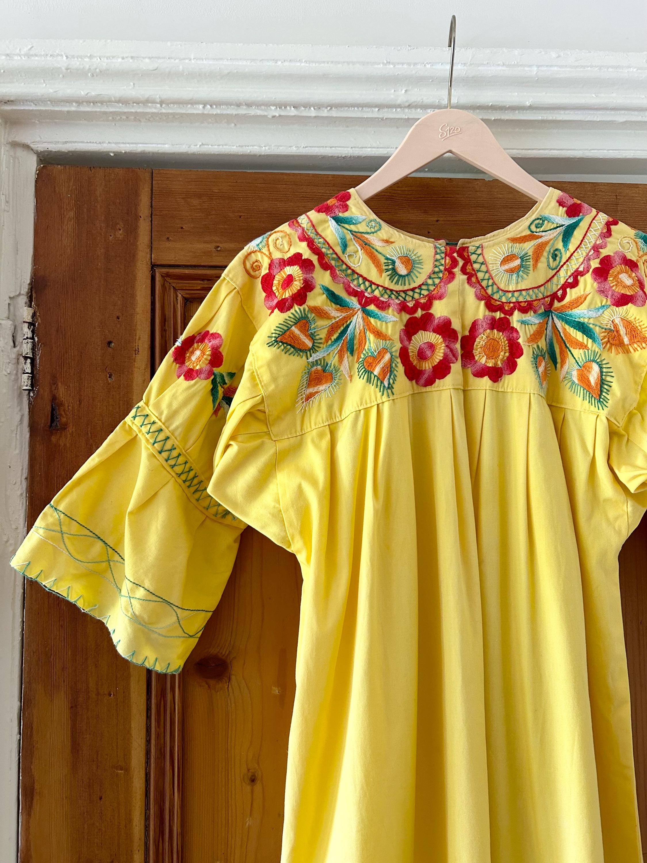 VINTAGE 70's Mexican Embroidered Dress | Yellow Floral