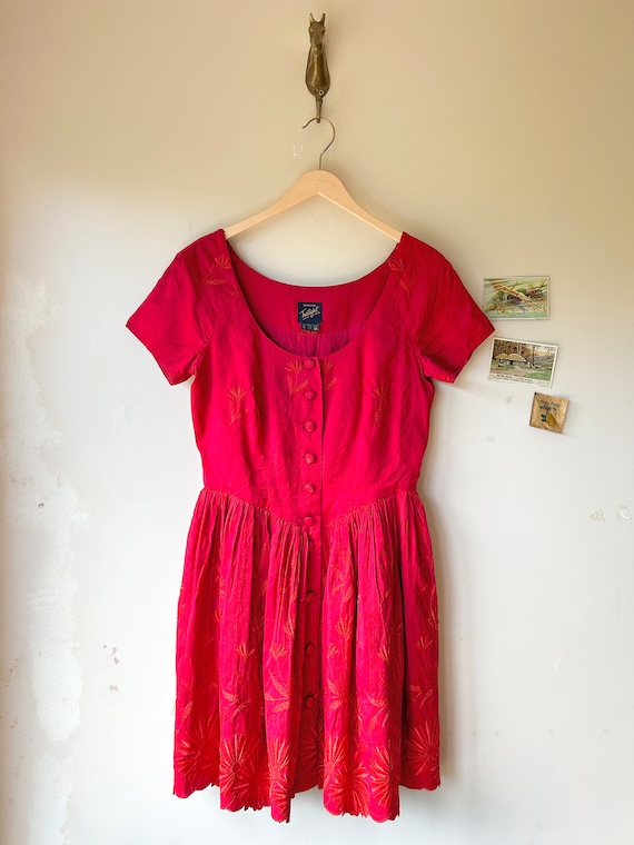 monsoon red silk dress Most fave vintage Monsoon red burnout floral beaded cowl dress - rare to source in this color - bias cut - silk blend