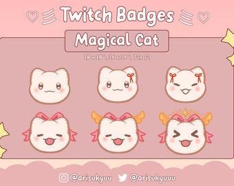 May include: Set of six Twitch badges featuring a cute cartoon cat with different expressions. The badges are in various sizes: 18x18, 36x36, and 72x72. The cat is wearing a pink bow and has a white background.