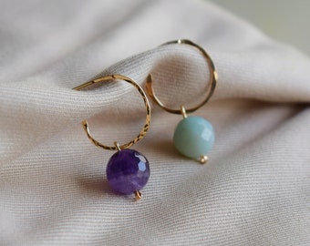 Amethyst and amazonite earrings, mismatched pair, 14k gold filled