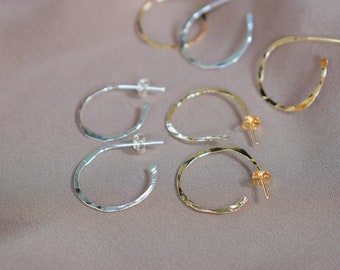 Open hoop rings hammered in 925 silver or 14k laminated gold (gold filled) sold individually or in pairs - mismatched hoop earrings