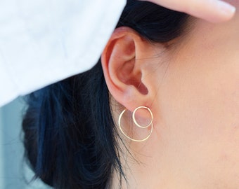 Irregular double volume hoop earrings in 14k laminated gold, volume earrings