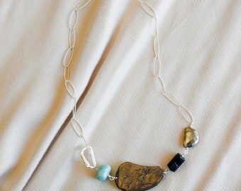 Semi-precious stone necklace and 925 silver chain with large links, aventurine, pyrite, tourmaline