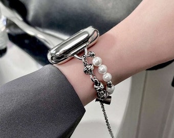 Edelstahl Perlen Metall Armband Apple Watch Schmuck Armband iWatch SE 9 8 7 6 5 4 3 2 1 Frauen 38mm 40mm 41mm 42mm 44mm 45mm 49mm