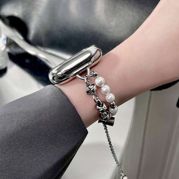 Bracelet en métal perlé en acier inoxydable Apple Watch bijoux poignet iWatch série SE 9 8 7 6 5 4 3 2 1 femmes 38mm 40mm 41mm 42mm 44mm 45mm 49mm