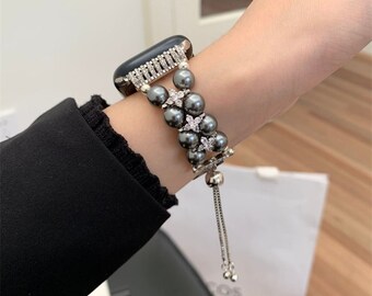 Stainless Steel Pearl Diamond Bracelet Apple Watch Jewelry Wrist iWatch Series SE 9 8 7 6 5 4 3 2 1 Women 38mm 40mm 41mm 42mm 44mm 45mm 49mm