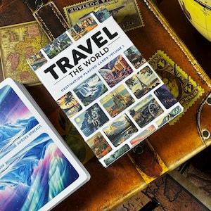 Puede incluir: Un mazo de cartas titulado "Aurora Borealis" y una caja de cartas "Travel The World" se exhiben sobre una maleta vintage. La caja "Travel The World" presenta imágenes de destinos. También se ven un globo terráqueo y sellos antiguos.