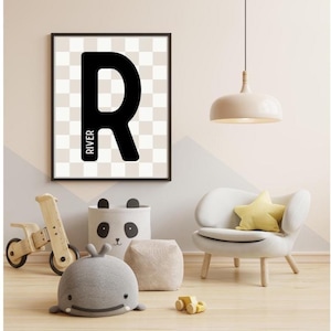 Impresión personalizada con nombre inicial para bebé niño / Arte mural a cuadros para habitación de bebé / Descarga digital personalizada / Decoración beige para habitación de bebé / Regalo con nombre para niño