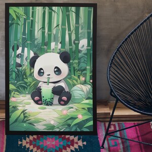 Niedlicher Kawaii Panda trinkt Bubbletea Poster, süße und niedlich, Geschenk für jeden, Kawaii Stil, absoluter Hingucker, Bambuswald