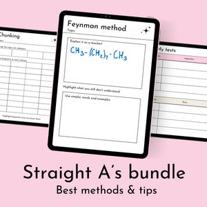 Peut inclure: Un planificateur numérique avec un fond rose et du texte noir. Le planificateur comprend une section pour la méthode Feynman, qui comprend un espace pour expliquer un sujet comme un professeur, mettre en évidence ce que vous ne comprenez toujours pas et utiliser des mots et des exemples plus simples. Le planificateur comprend également une section pour "Mes tests" avec des colonnes pour "Facile" et "Important".