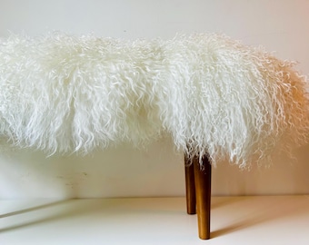 Luxurious Mongolian Fur Bench - Genuine Tibetan sheepskin - bedroom, lounge, hallway seating | display bench - Natural- Waxed Beech Wood