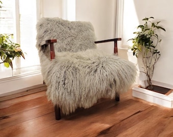Scandinavian Mid-Century Luxurious Mongolian Fur Accent Chair - Handmade To Order  - Solid Wood Frame - Grey and Walnut