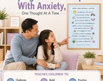 May include: A framed wall poster with a light blue background featuring the text "WHEN I FEEL ANXIOUS, I CAN SAY:" followed by a list of positive affirmations and colorful icons including a sun, rainbow, flower, bee, coffee mug, and heart.