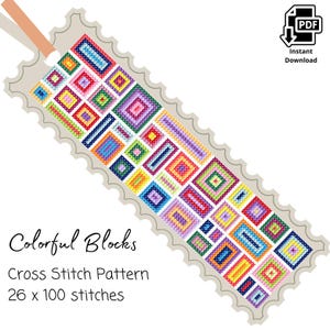 Op de afbeelding: Kleurrijk kruissteekpatroon voor een bladwijzer met een geometrisch ontwerp van kleurrijke vierkanten. Het patroon is 26 steken breed en 100 steken lang. "Colorful Blocks" en "Cross Stitch Pattern" staan in zwarte tekst onderaan de bladwijzer.