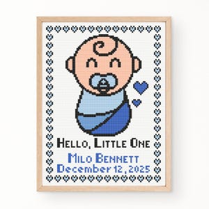 Baby Boy Cross Stitch Pattern – Customizable Name & Birth Date – Modern Embroidery PDF – Personalized Nursery Decor – Instant Download