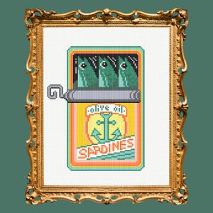 Sardines in Tin Cross Stitch Pattern - Fish Embroidery pattern - Unique DIY Kitchen Decor - Aida Counted cross stitch - Quick EASY Project