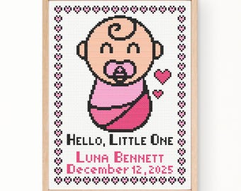 Baby Girl Cross Stitch Pattern – Customizable Name & Birth Date – Modern Embroidery PDF – Personalized Nursery Decor – Instant Download