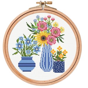 Floral Cross Stitch Pattern - Digital Embroidery of Blue Vases with Colorful Flowers - Easy Stitching & Wall Decor Idea
