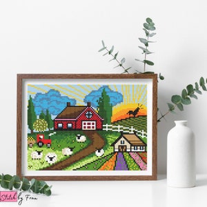 Farm Landscape Cross Stitch Pattern - Sunrise embroidery - Homestead animals stitching rooster, sheep - Morning sun ranch with flower fields